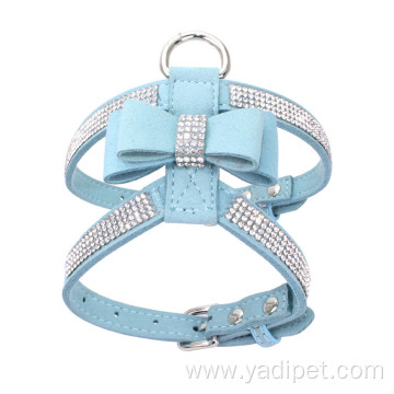 Shiny hot diamond bowknot pet water drill dog chest strap suede microfiber dog pet harness accessories safety dog